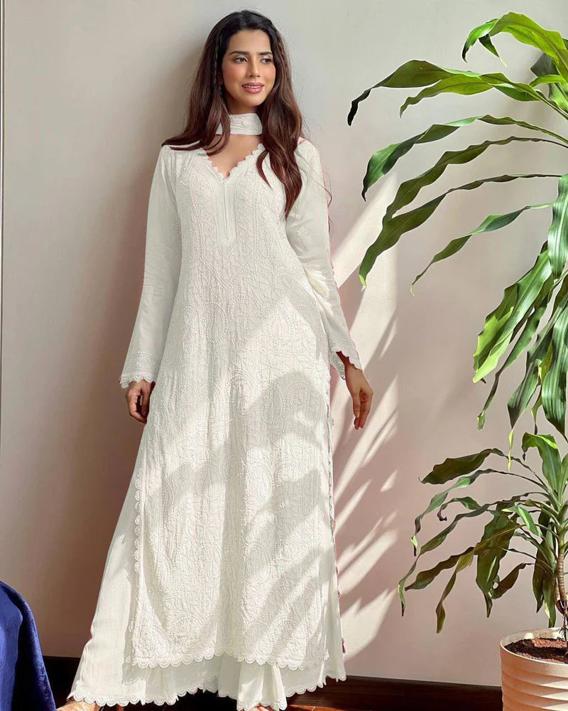 Trending faux georgette top cotton thread embroidered work and work plazo with dupatta
