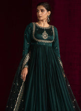 Full Sleeves Pleated Green Gown with Heavy Border Embroidery