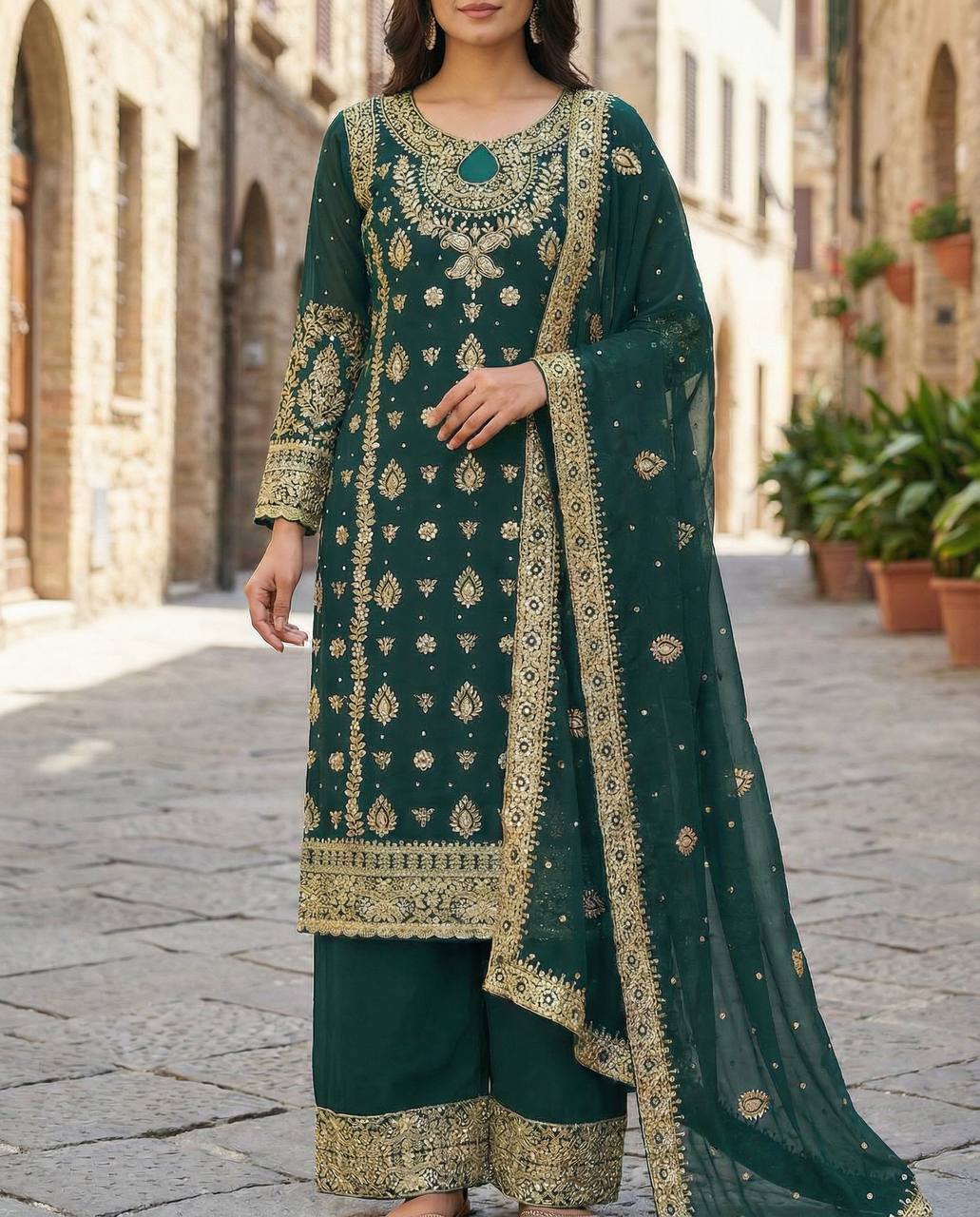 Elegant Gold Embroidered Kurta Palazzo with Dupatta
