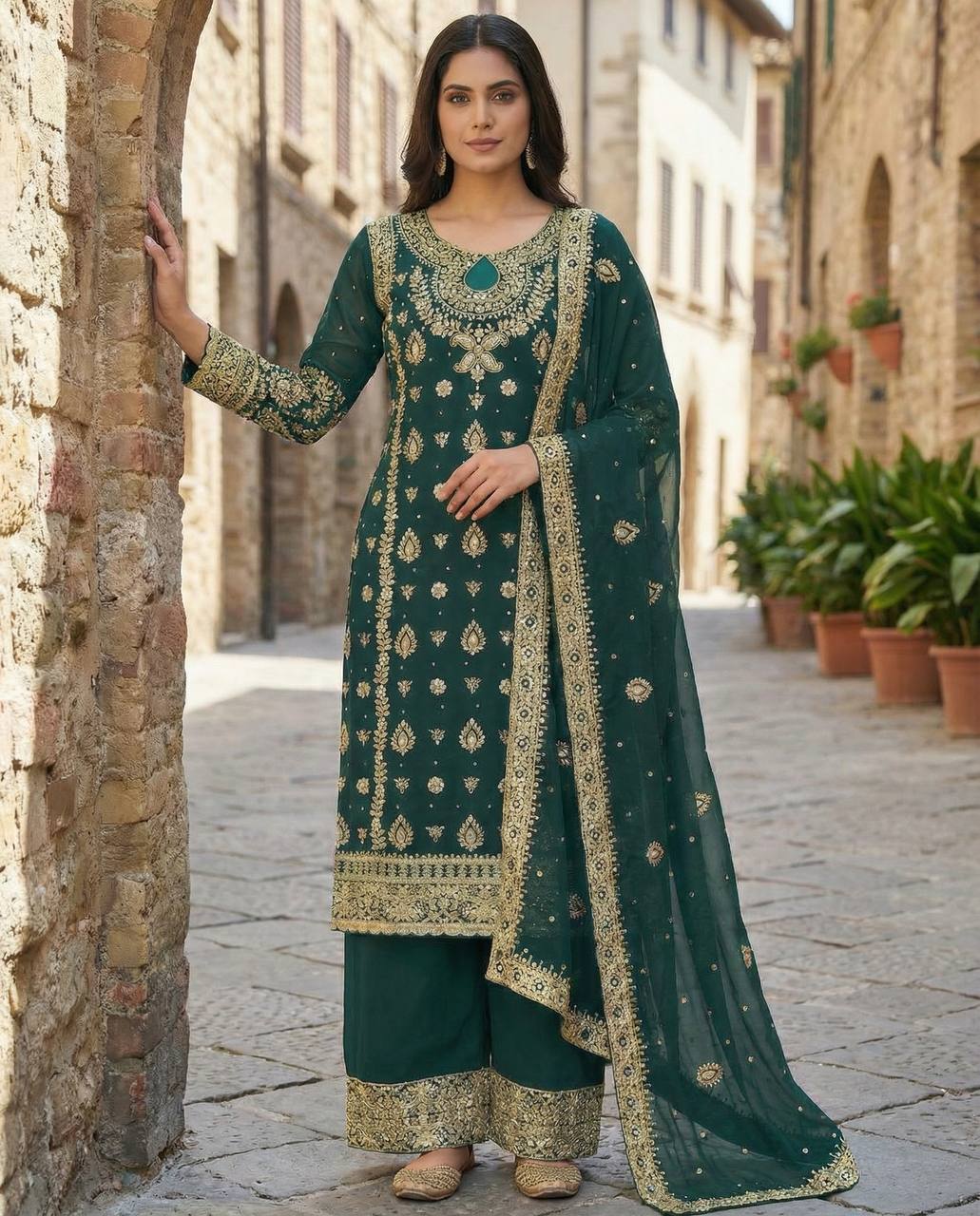 Elegant Gold Embroidered Kurta Palazzo with Dupatta