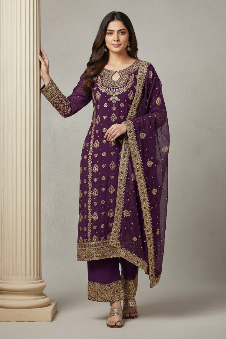 Elegant Gold Embroidered Kurta Palazzo with Dupatta
