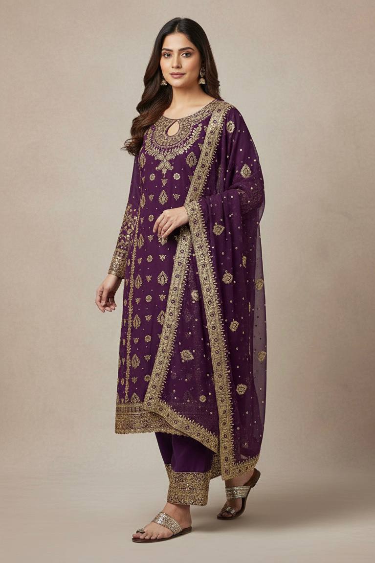 Elegant Gold Embroidered Kurta Palazzo with Dupatta