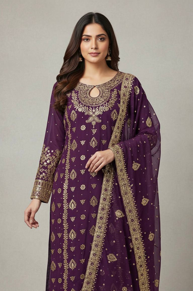 Elegant Gold Embroidered Kurta Palazzo with Dupatta