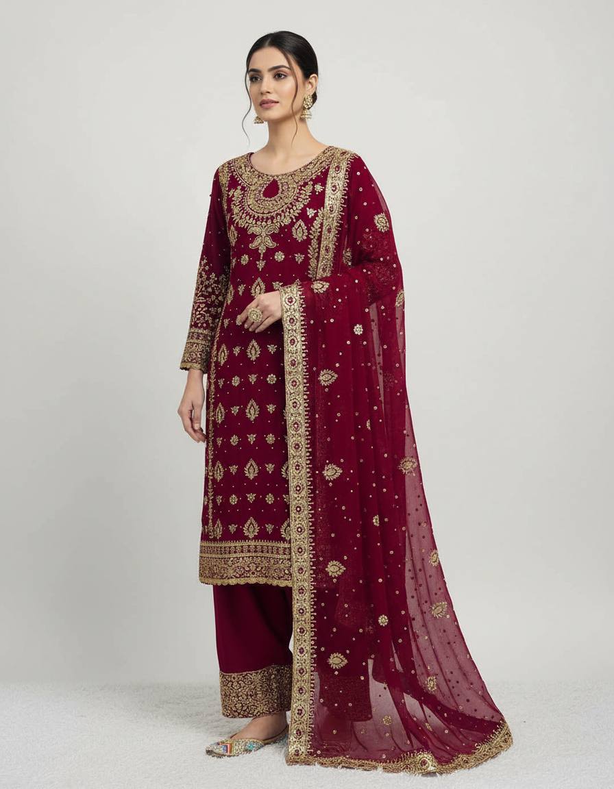 Elegant Gold Embroidered Kurta Palazzo with Dupatta
