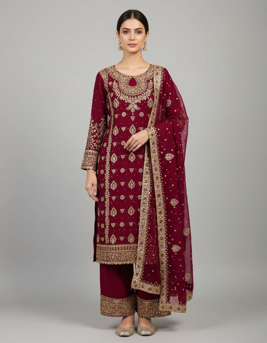 Elegant Gold Embroidered Kurta Palazzo with Dupatta
