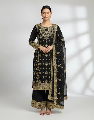 Elegant Gold Embroidered Kurta Palazzo with Dupatta