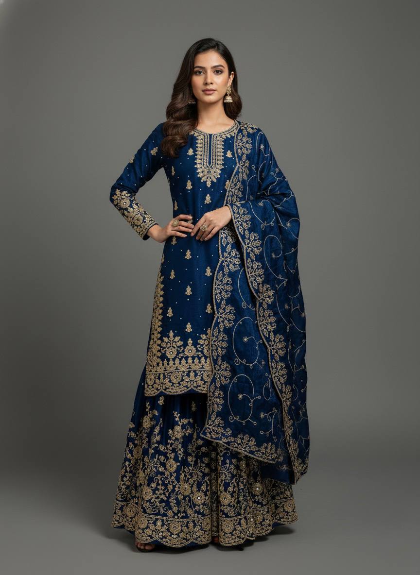 Luxury Heavy Embroidery Kurta Sharara Suit