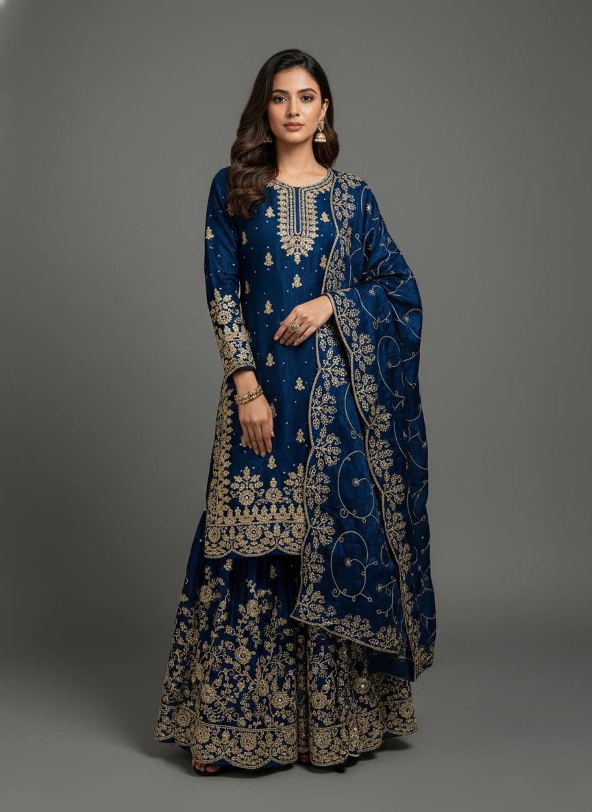 Luxury Heavy Embroidery Kurta Sharara Suit