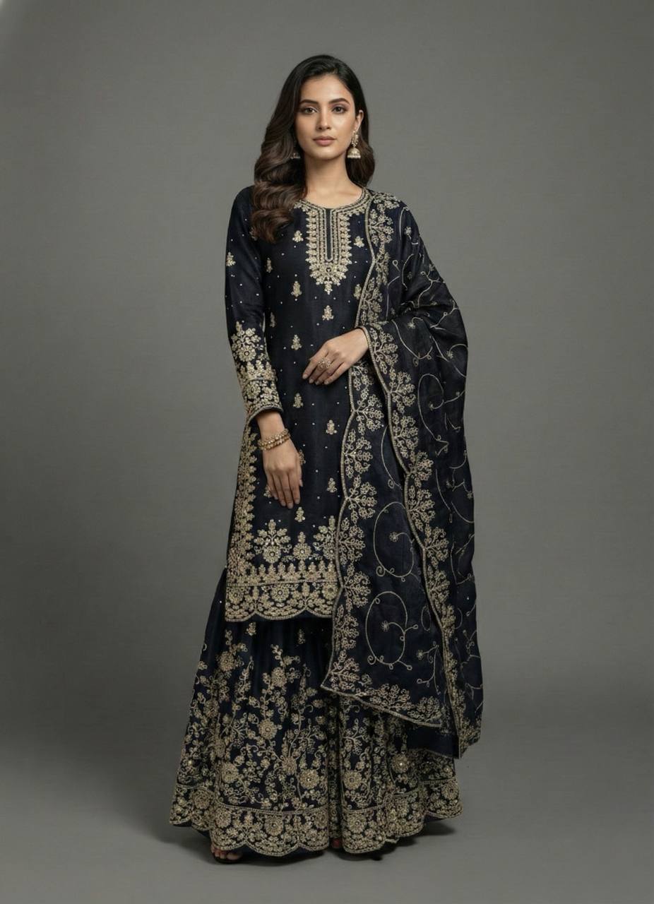 Luxury Heavy Embroidery Kurta Sharara Suit