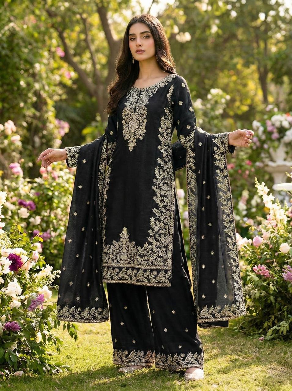 Zari Embroidered Silk Palazzo Suit with Heavy Border Dupatta
