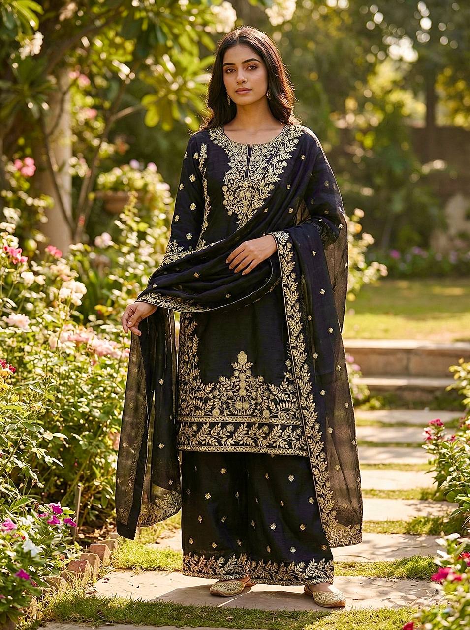 Zari Embroidered Silk Palazzo Suit with Heavy Border Dupatta