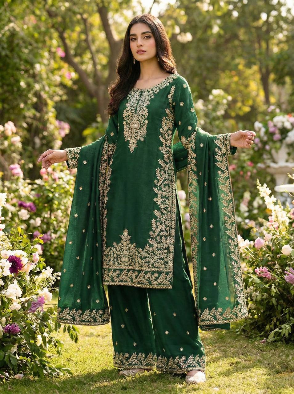 Zari Embroidered Silk Palazzo Suit with Heavy Border Dupatta