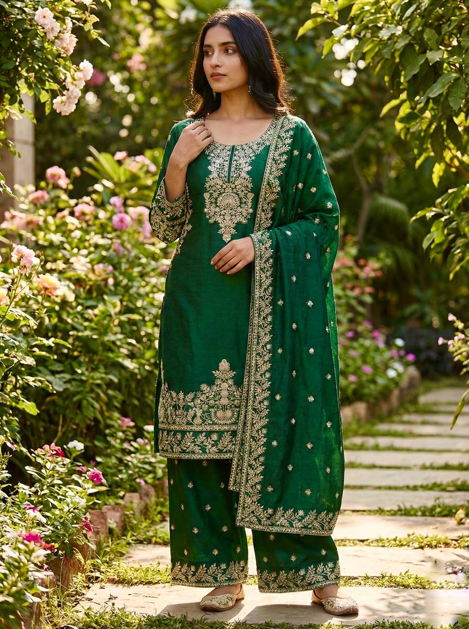 Zari Embroidered Silk Palazzo Suit with Heavy Border Dupatta