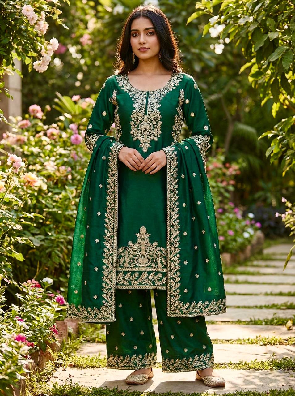 Zari Embroidered Silk Palazzo Suit with Heavy Border Dupatta