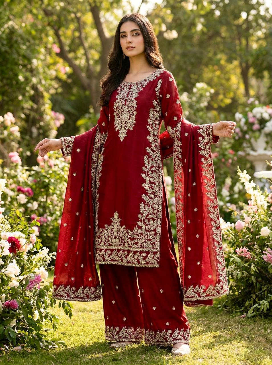 Zari Embroidered Silk Palazzo Suit with Heavy Border Dupatta
