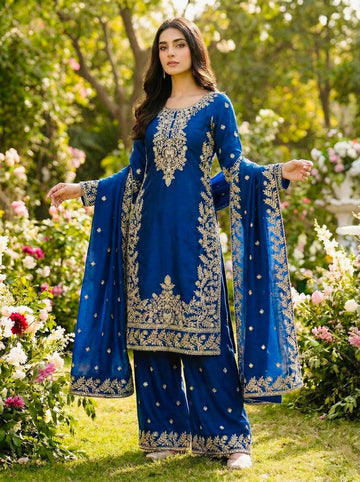 Zari Embroidered Silk Palazzo Suit with Heavy Border Dupatta