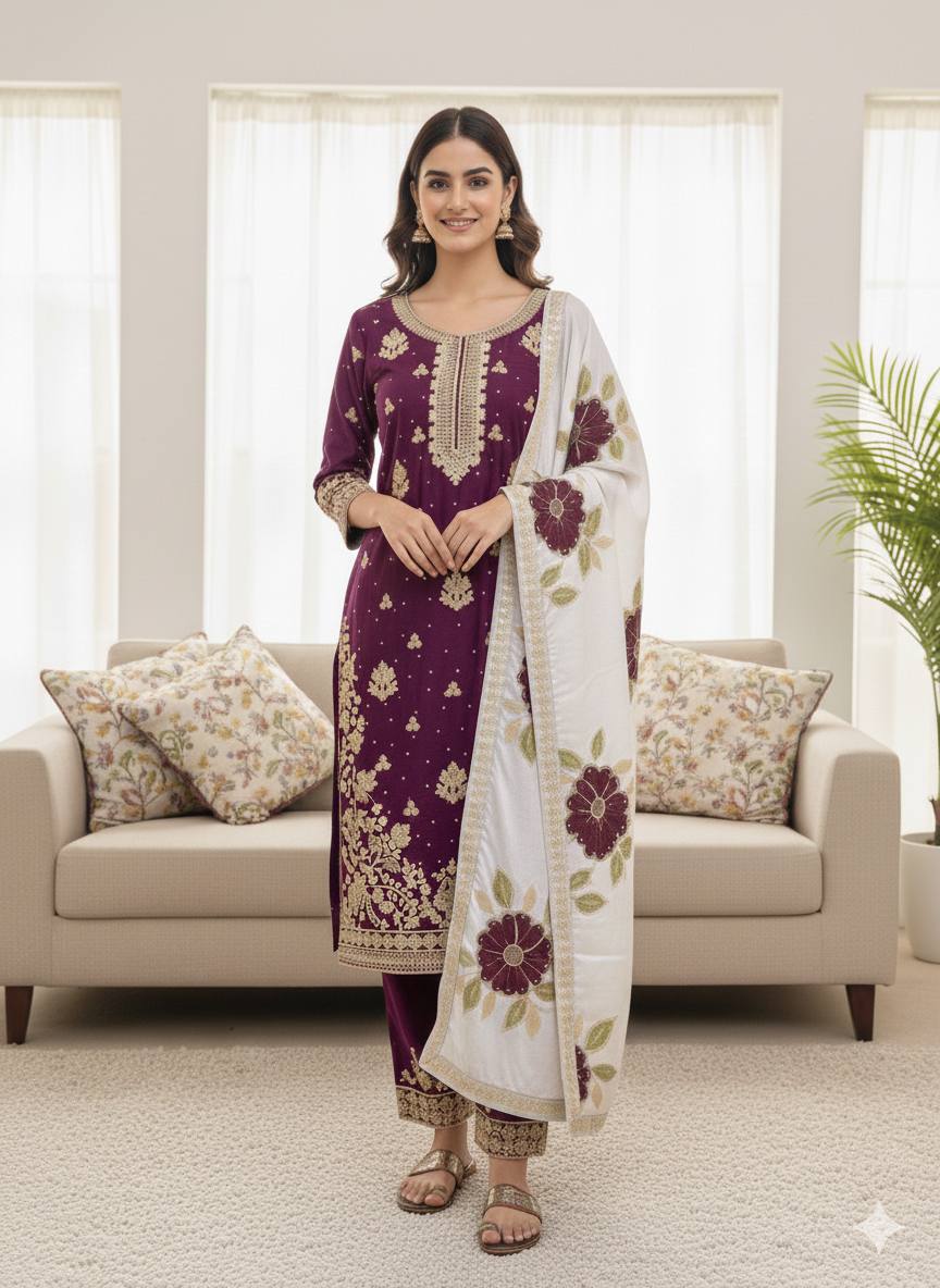Embroidered Straight Kurta Set with Matching Dupatta