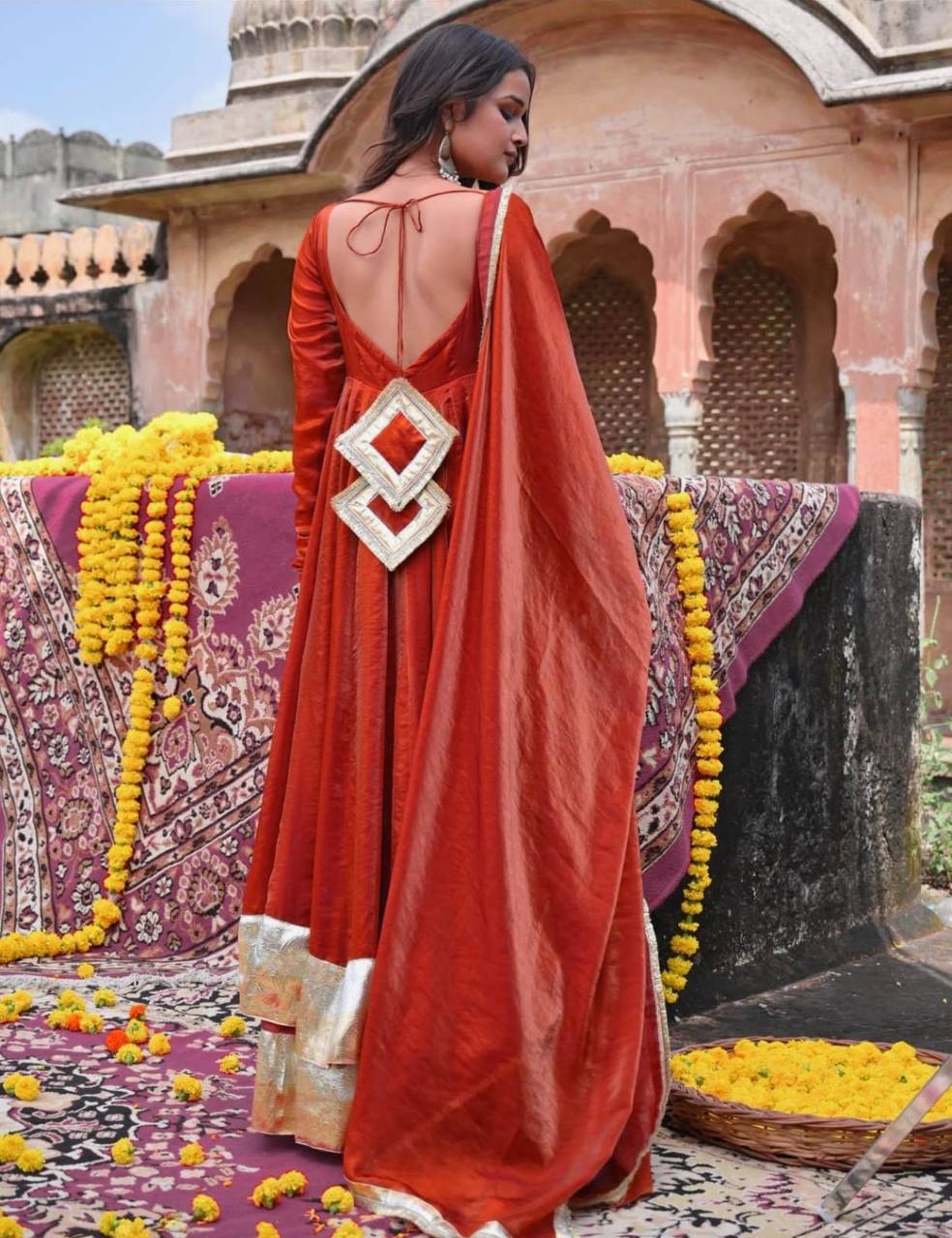 Rust Orange Silk Anarkali Suit with Gold Border Dupatta