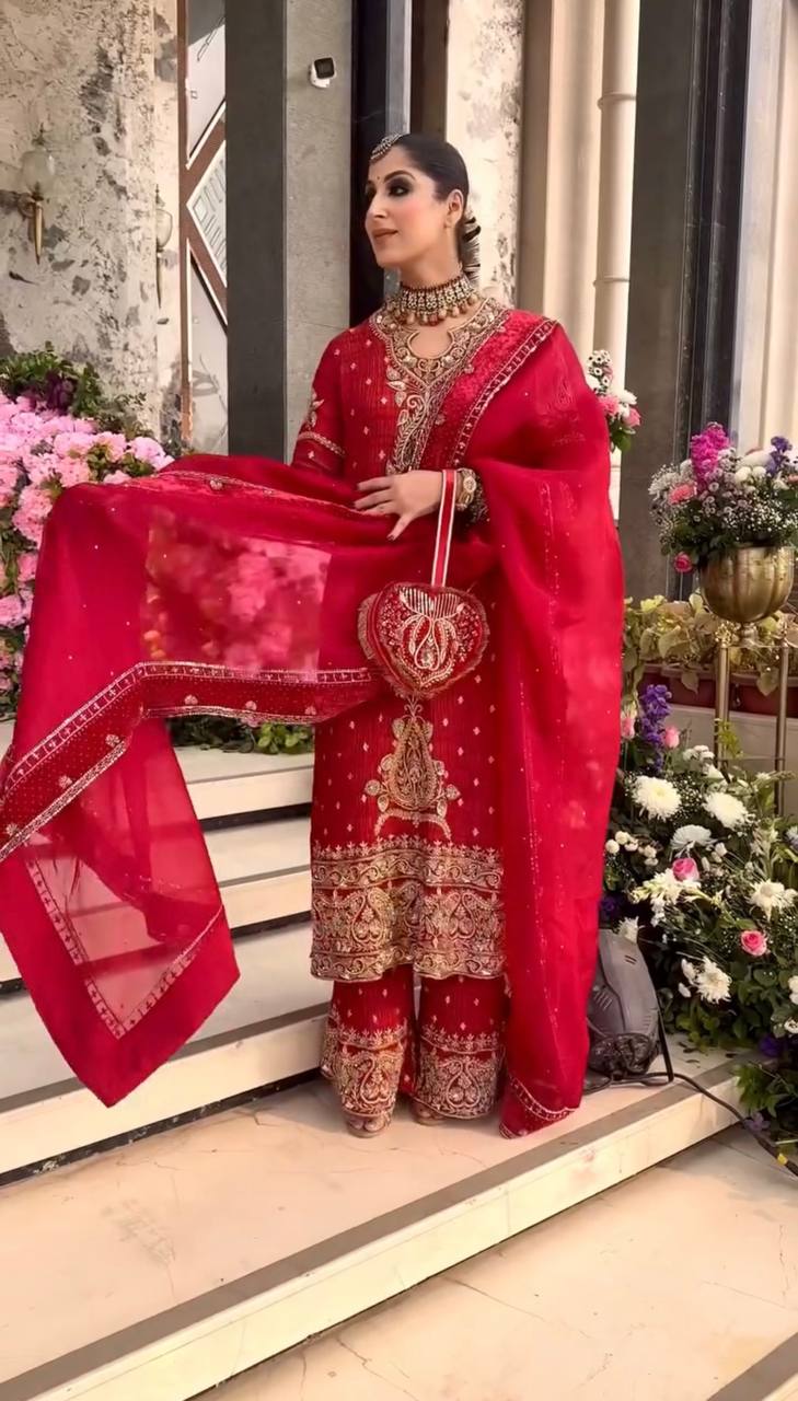 Festive Elegance Deep Red Heavy Work Palazzo Suit