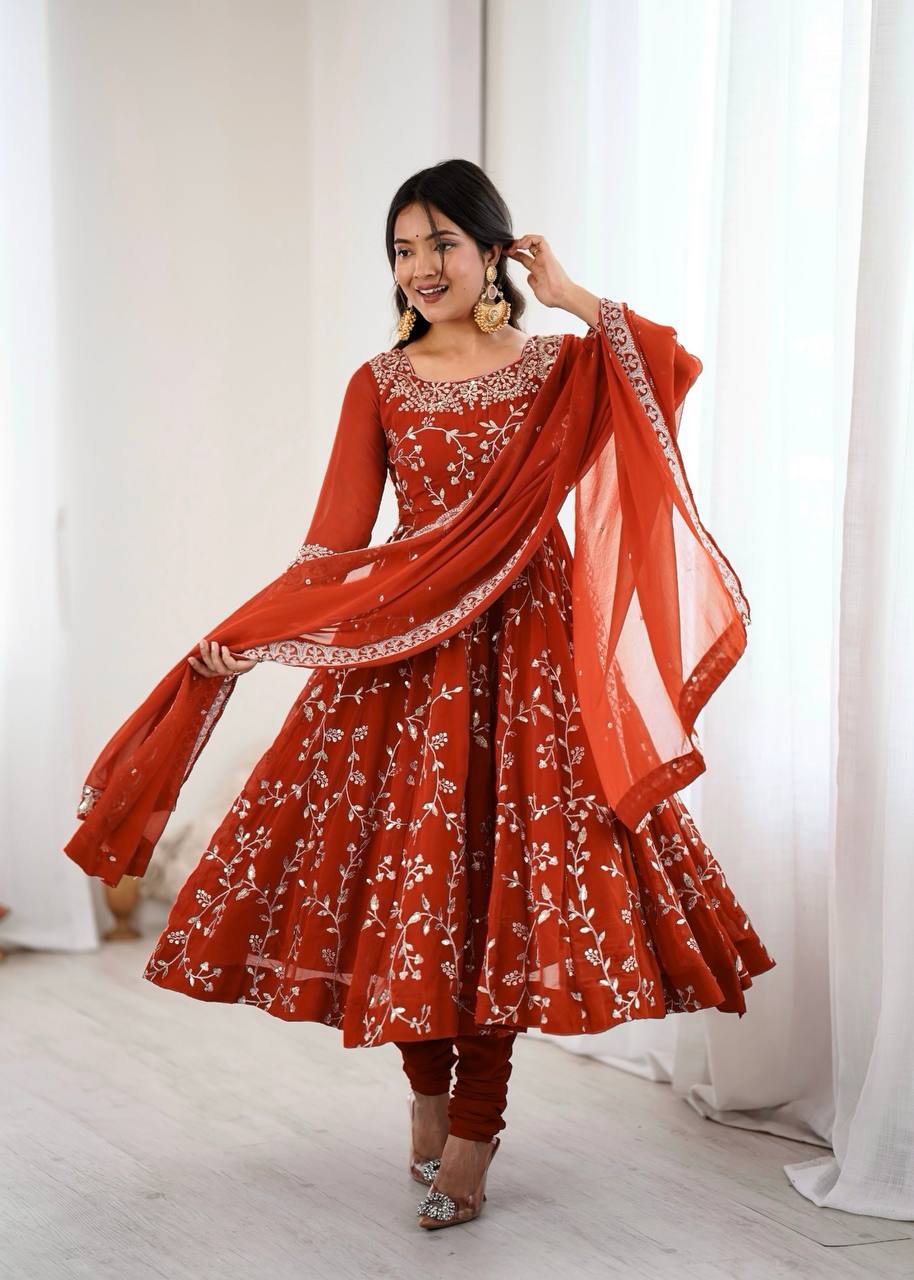 Ethnic Floral Print & Embroidery Anarkali Suit