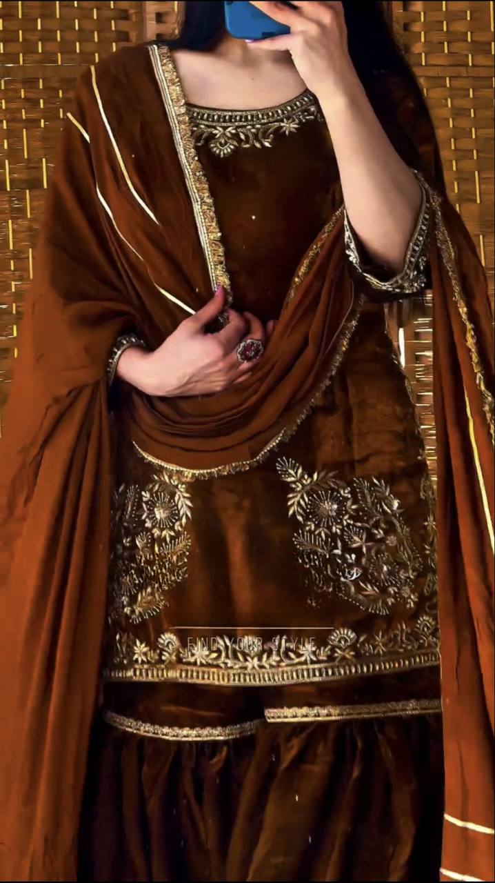 Chocolate Brown Heavy Embroidery Sharara Set