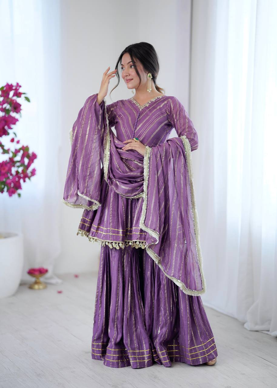 Festive Wear Gold-Stripe Kurta Sharara Set