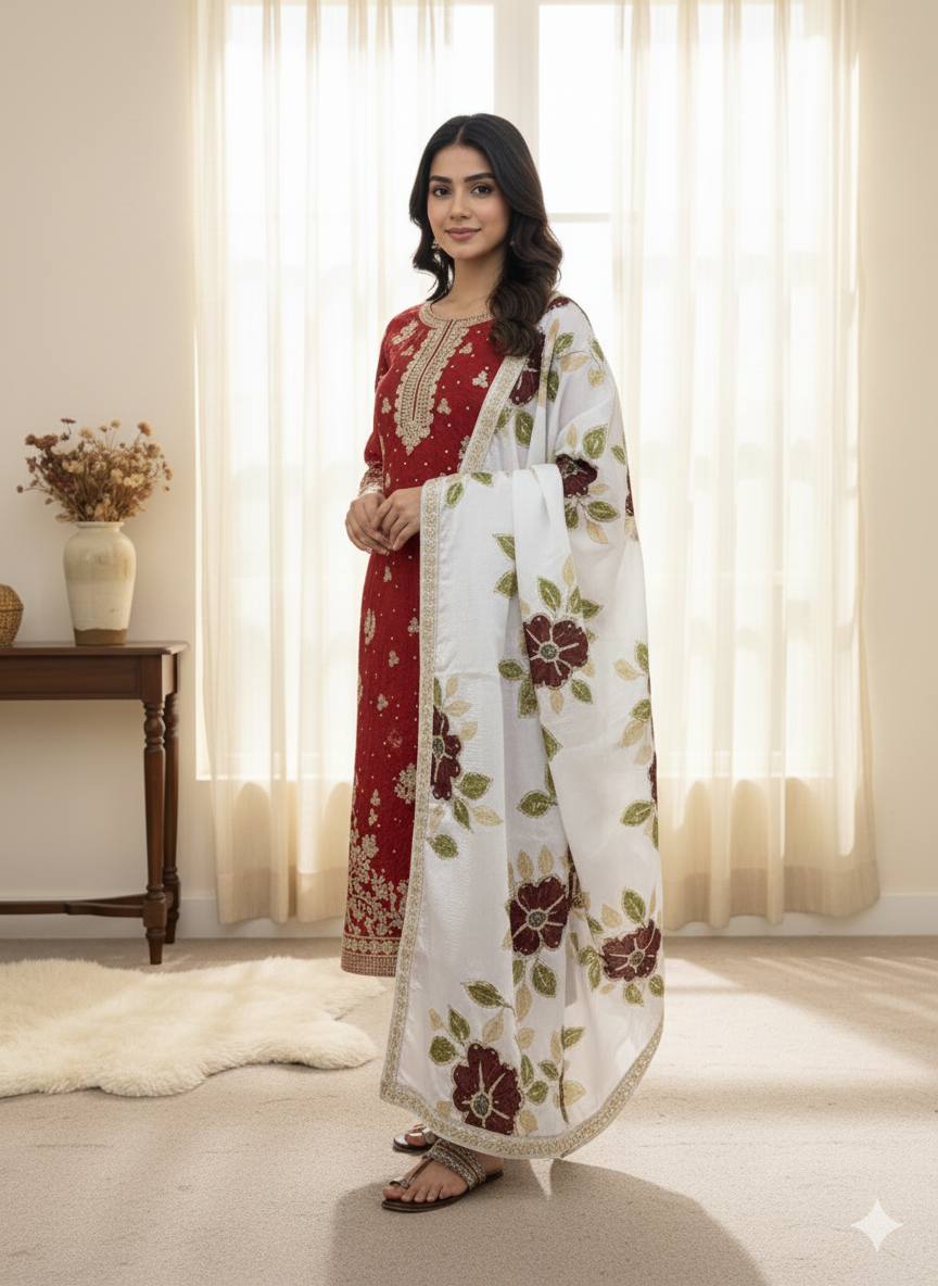 Embroidered Straight Kurta Set with Matching Dupatta