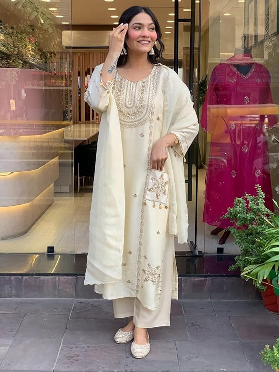 Designer Off-White Straight Cut Salwar Suit