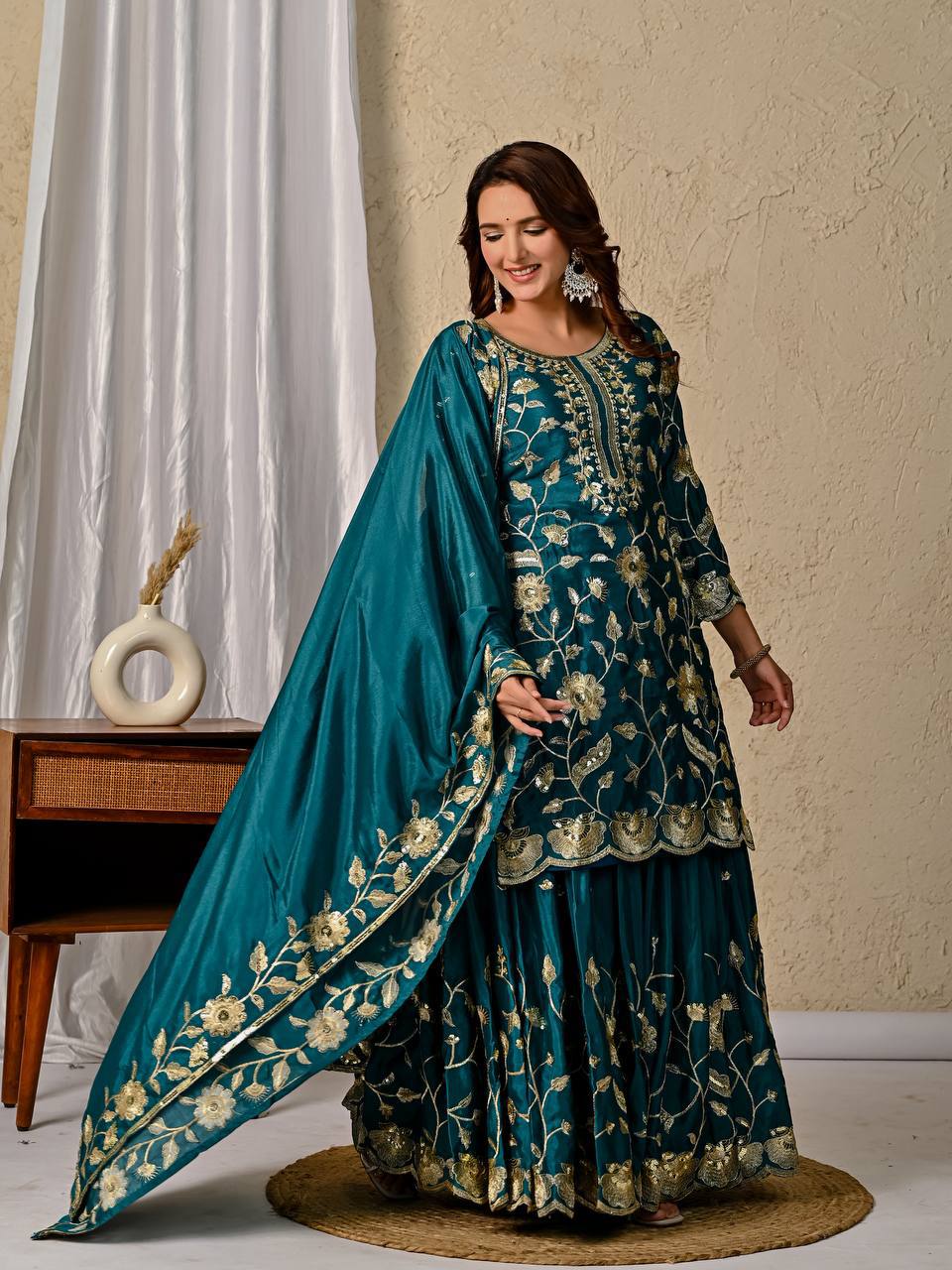 Floral Fantasy Embroidered Sharara Set