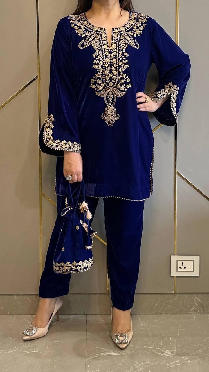 Velvet Embroidered Kurti Pant Set
