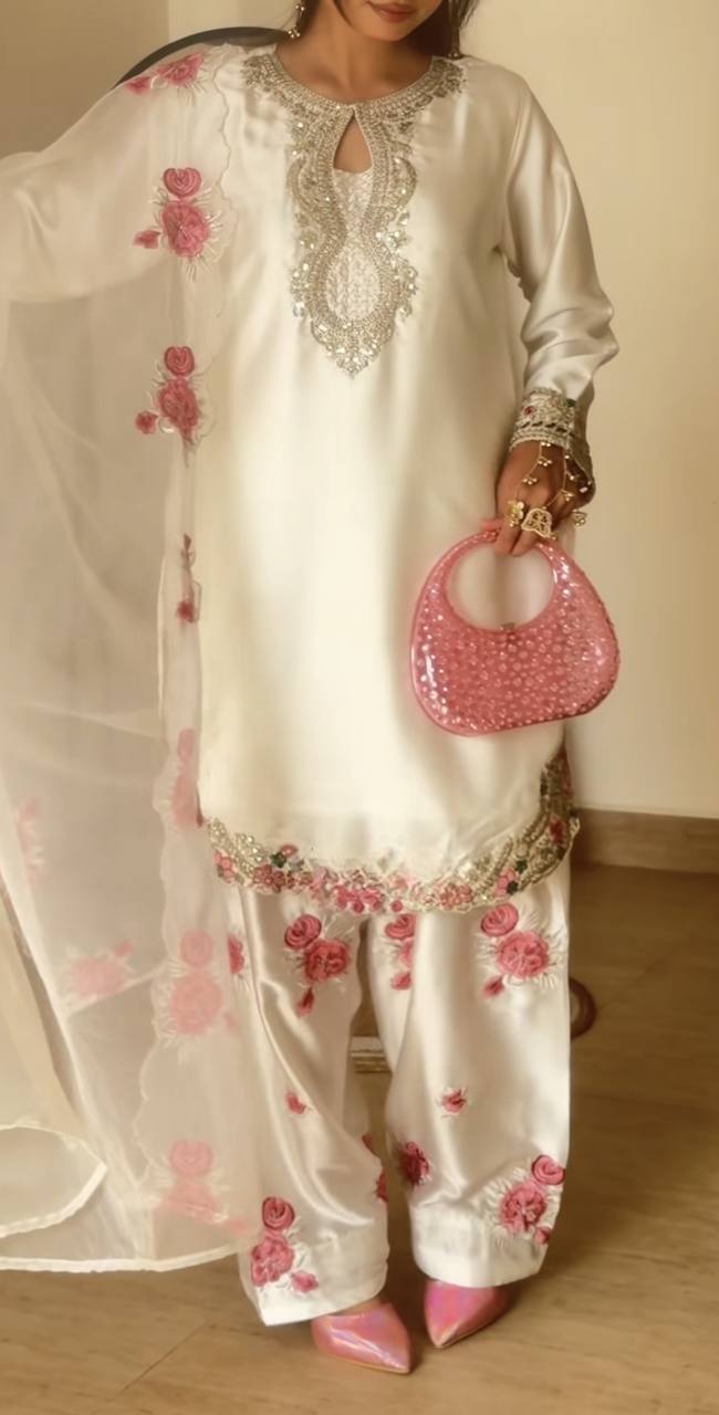 Ivory Silk Kurta Palazzo Set with Heavy Embroidered Dupatta
