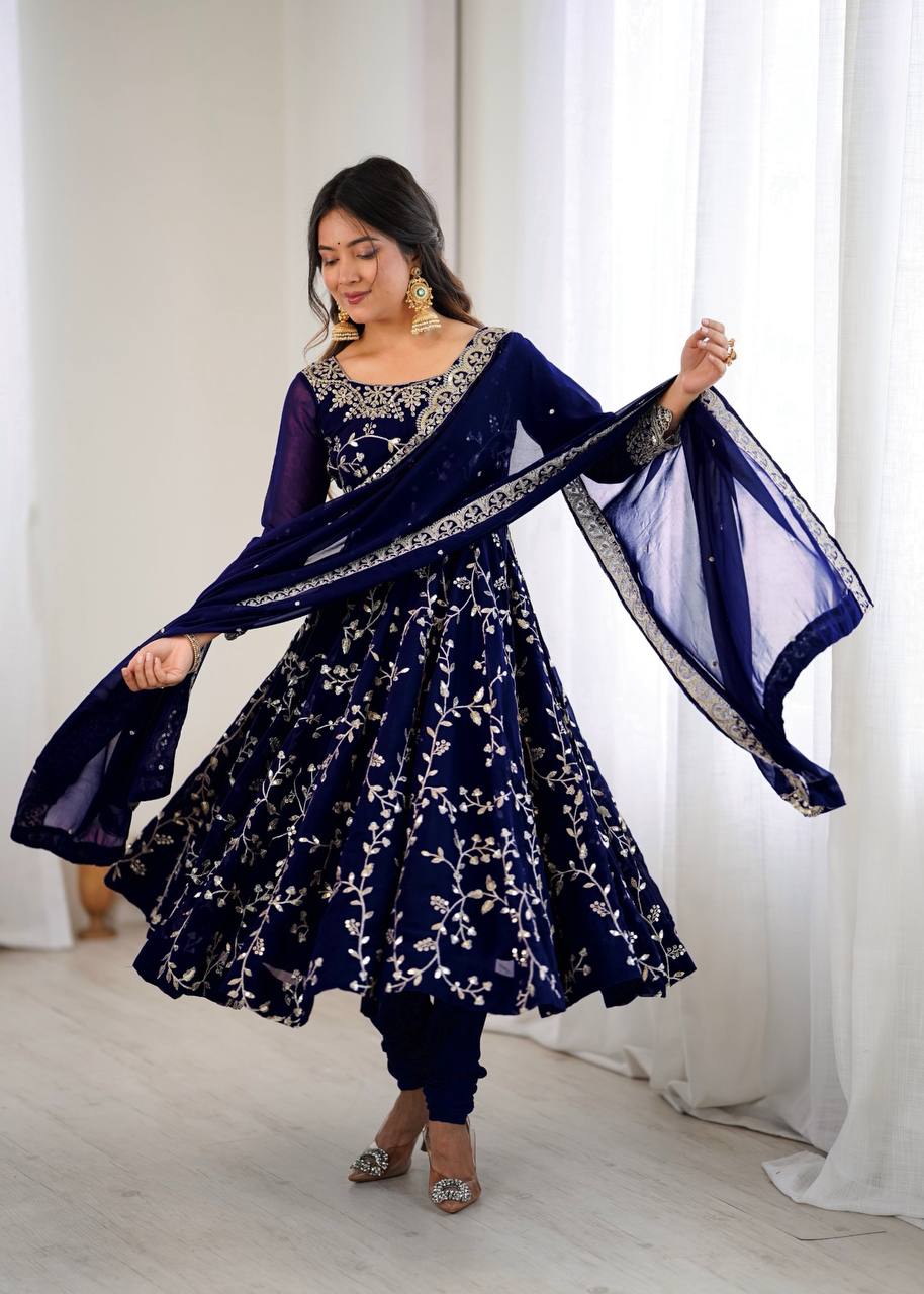 Ethnic Floral Print & Embroidery Anarkali Suit