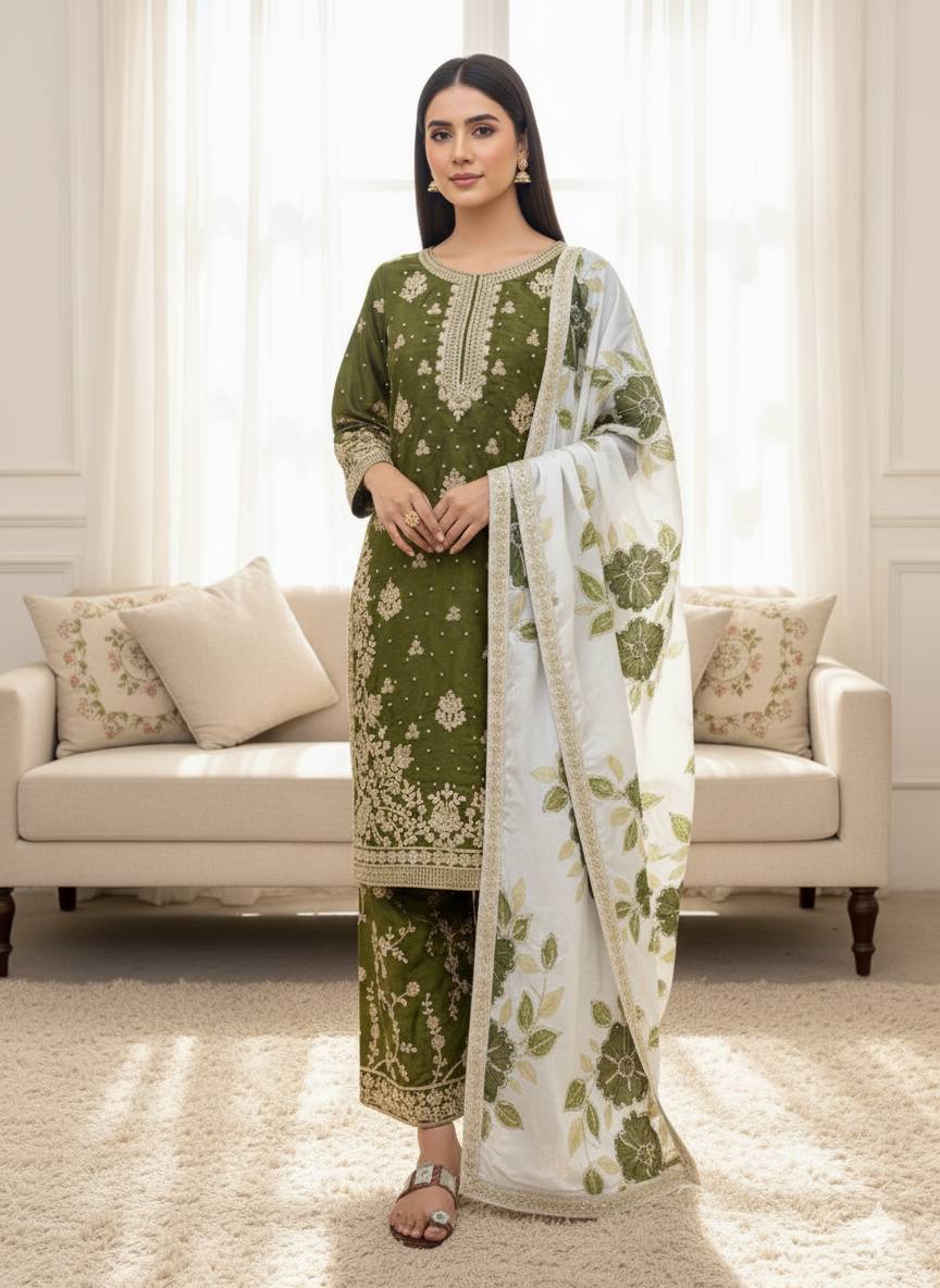 Embroidered Straight Kurta Set with Matching Dupatta