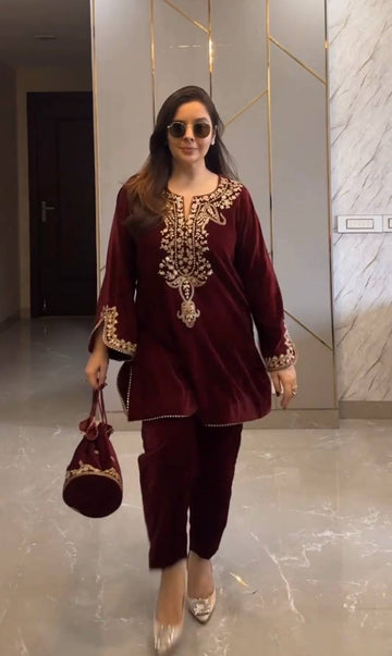 Velvet Embroidered Kurti Pant Set