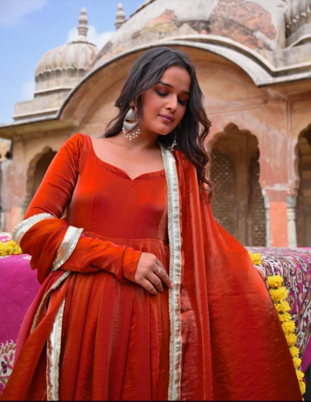 Rust Orange Silk Anarkali Suit with Gold Border Dupatta