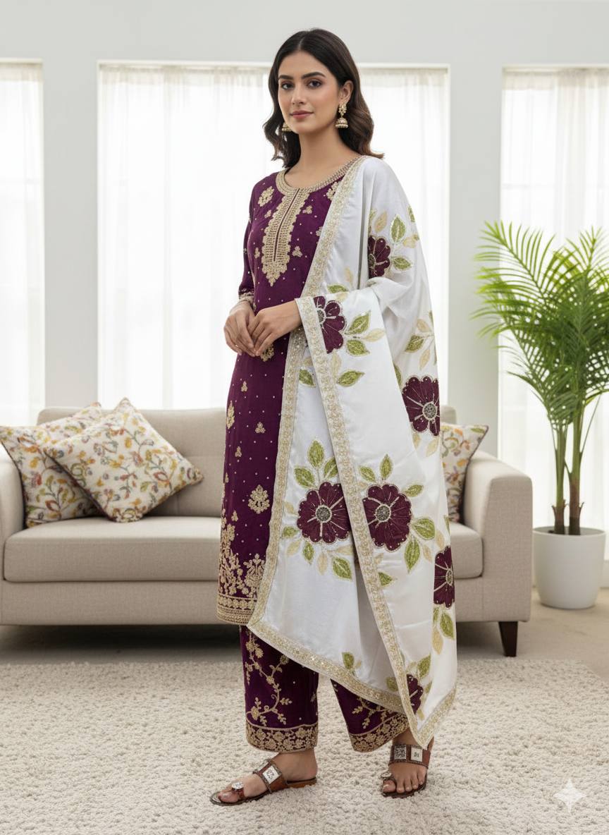 Embroidered Straight Kurta Set with Matching Dupatta