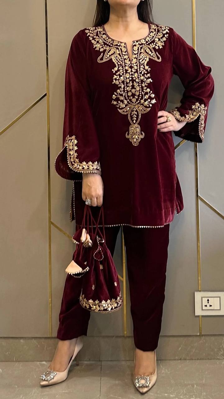 Velvet Embroidered Kurti Pant Set