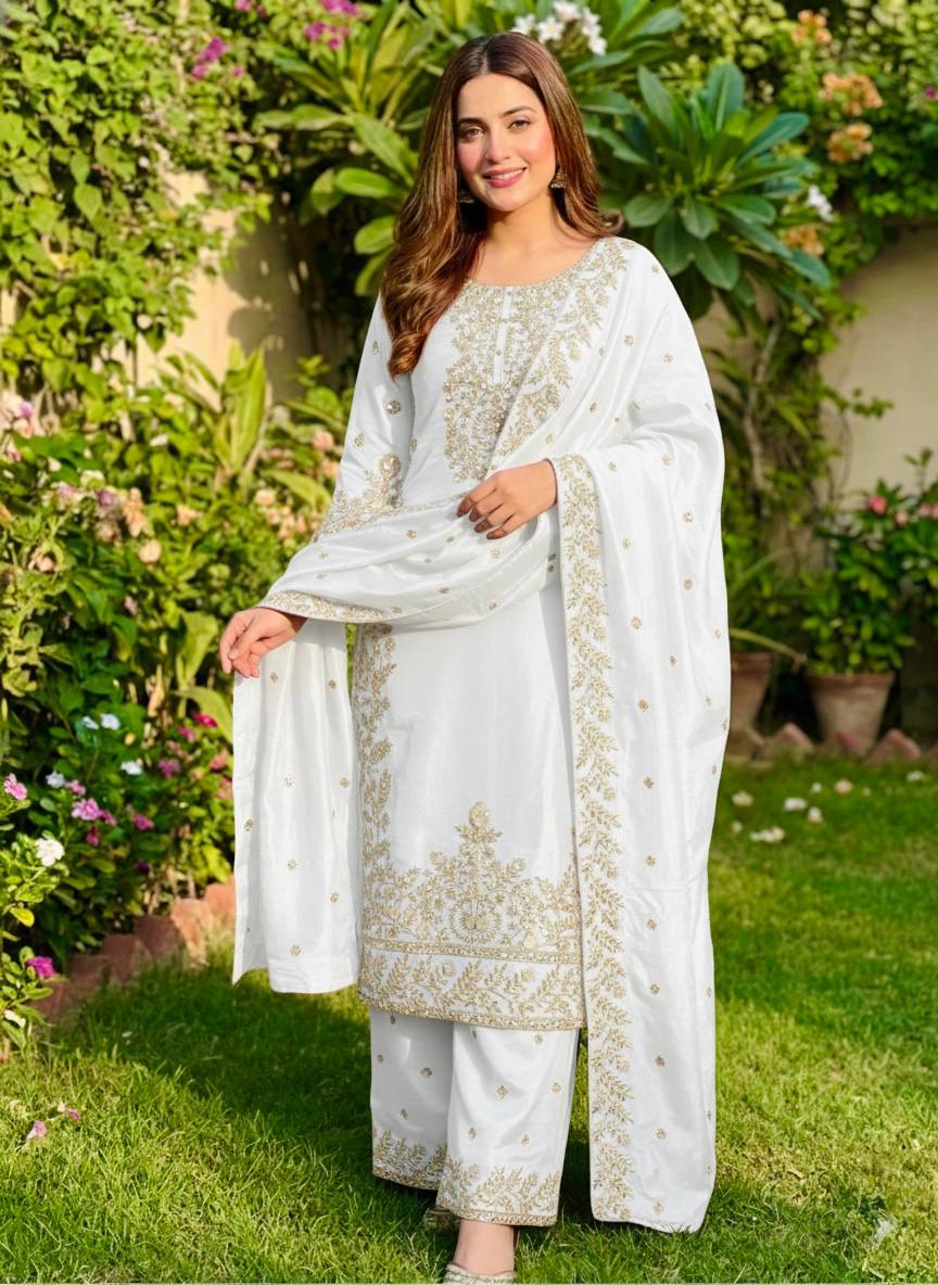 Zari Embroidered Silk Palazzo Suit with Heavy Border Dupatta