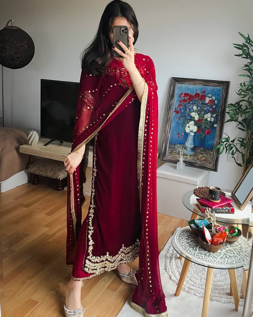Classic Maroon Velvet Party Wear Kurta Set
