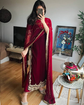 Classic Maroon Velvet Party Wear Kurta Set