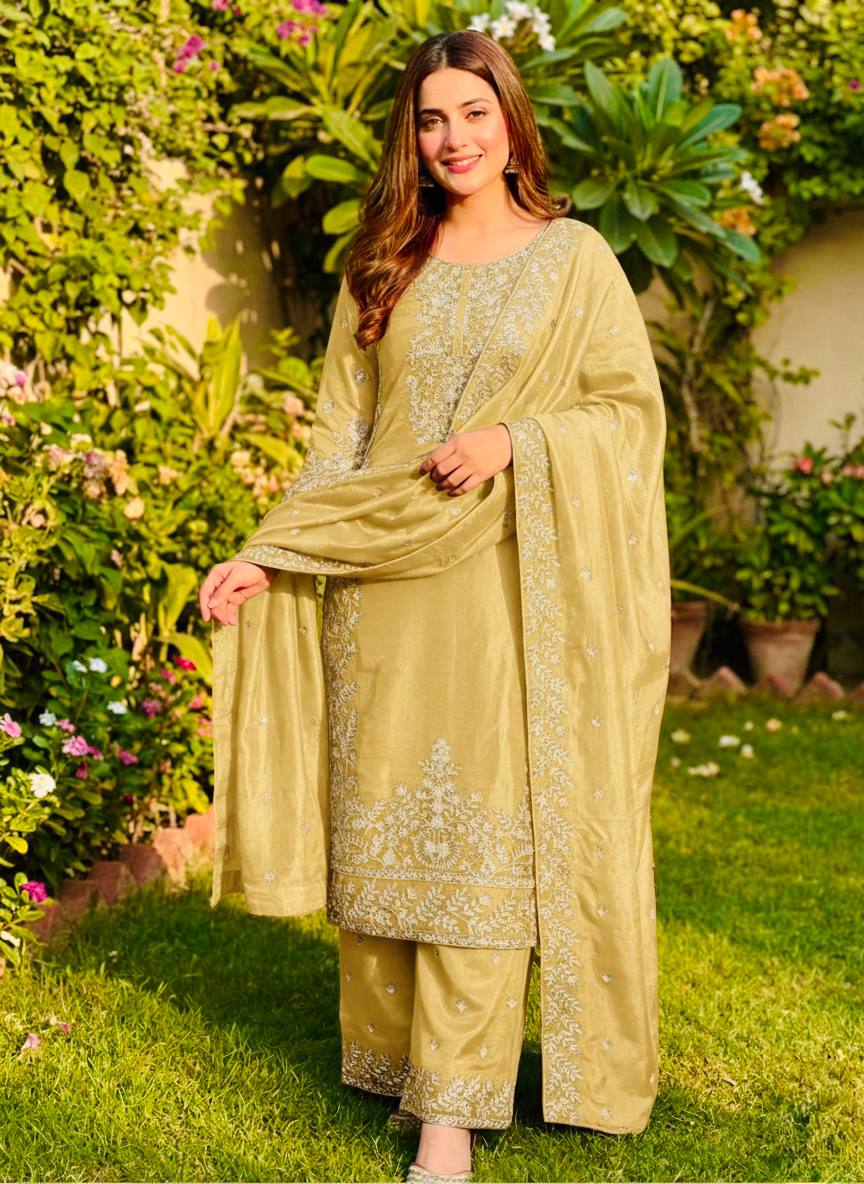 Zari Embroidered Silk Palazzo Suit with Heavy Border Dupatta