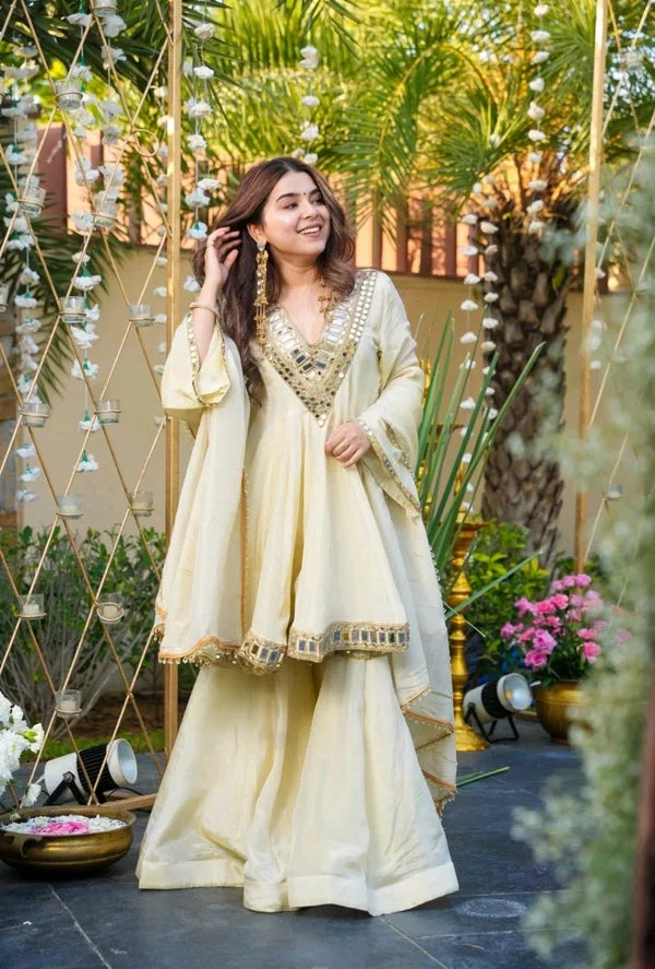 Classic Mirror Work Kurta Sharara Suit