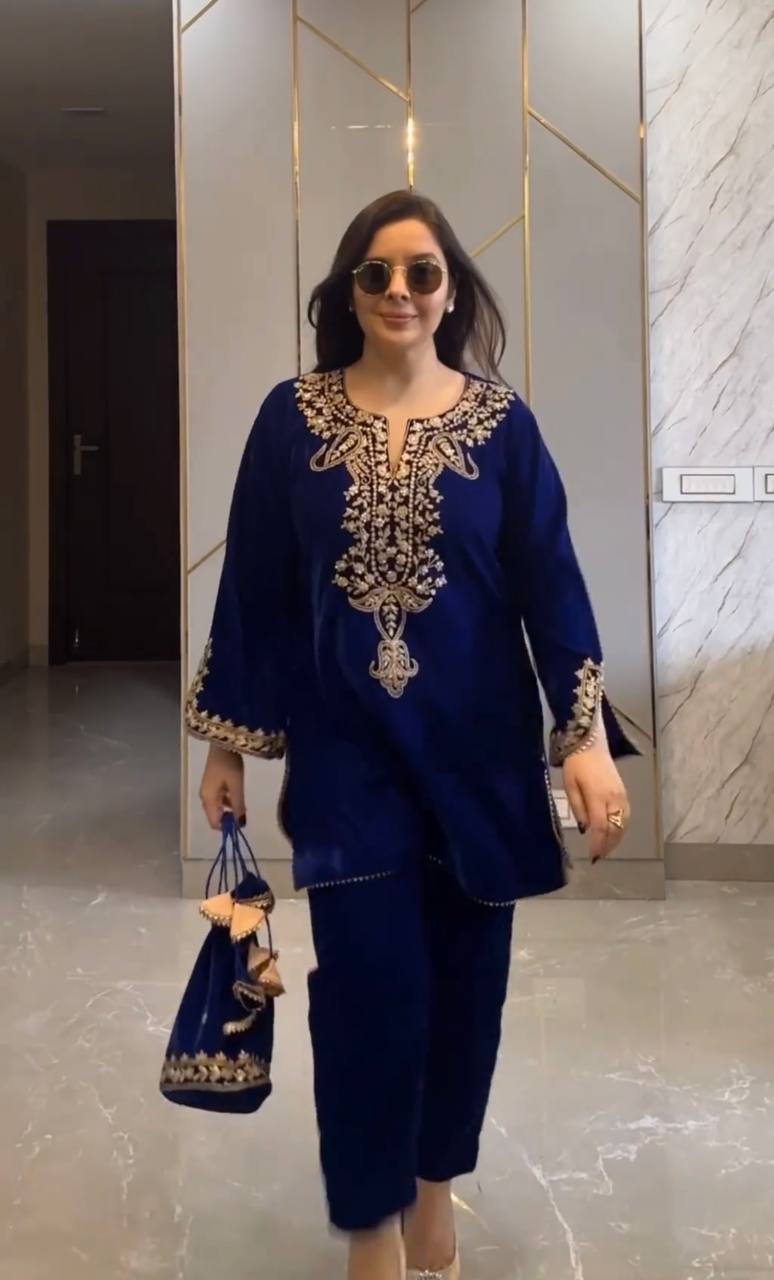 Velvet Embroidered Kurti Pant Set