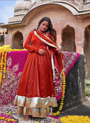 Rust Orange Silk Anarkali Suit with Gold Border Dupatta