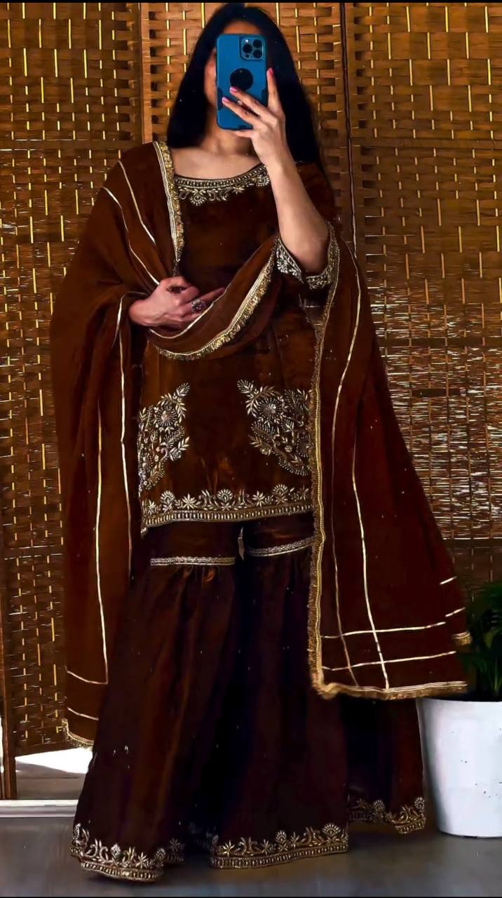 Chocolate Brown Heavy Embroidery Sharara Set