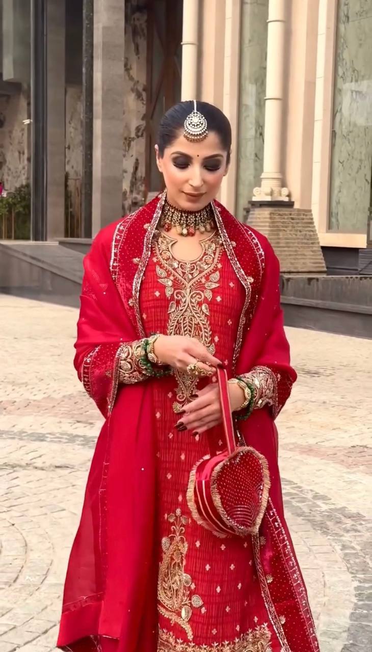 Festive Elegance Deep Red Heavy Work Palazzo Suit