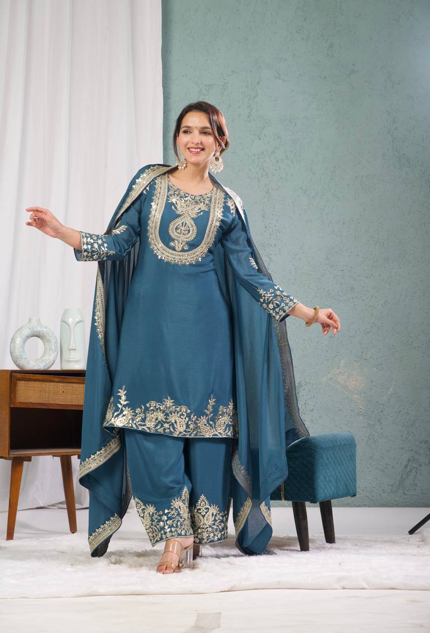 Graceful Designer Kurta Palazzo Dupatta Set