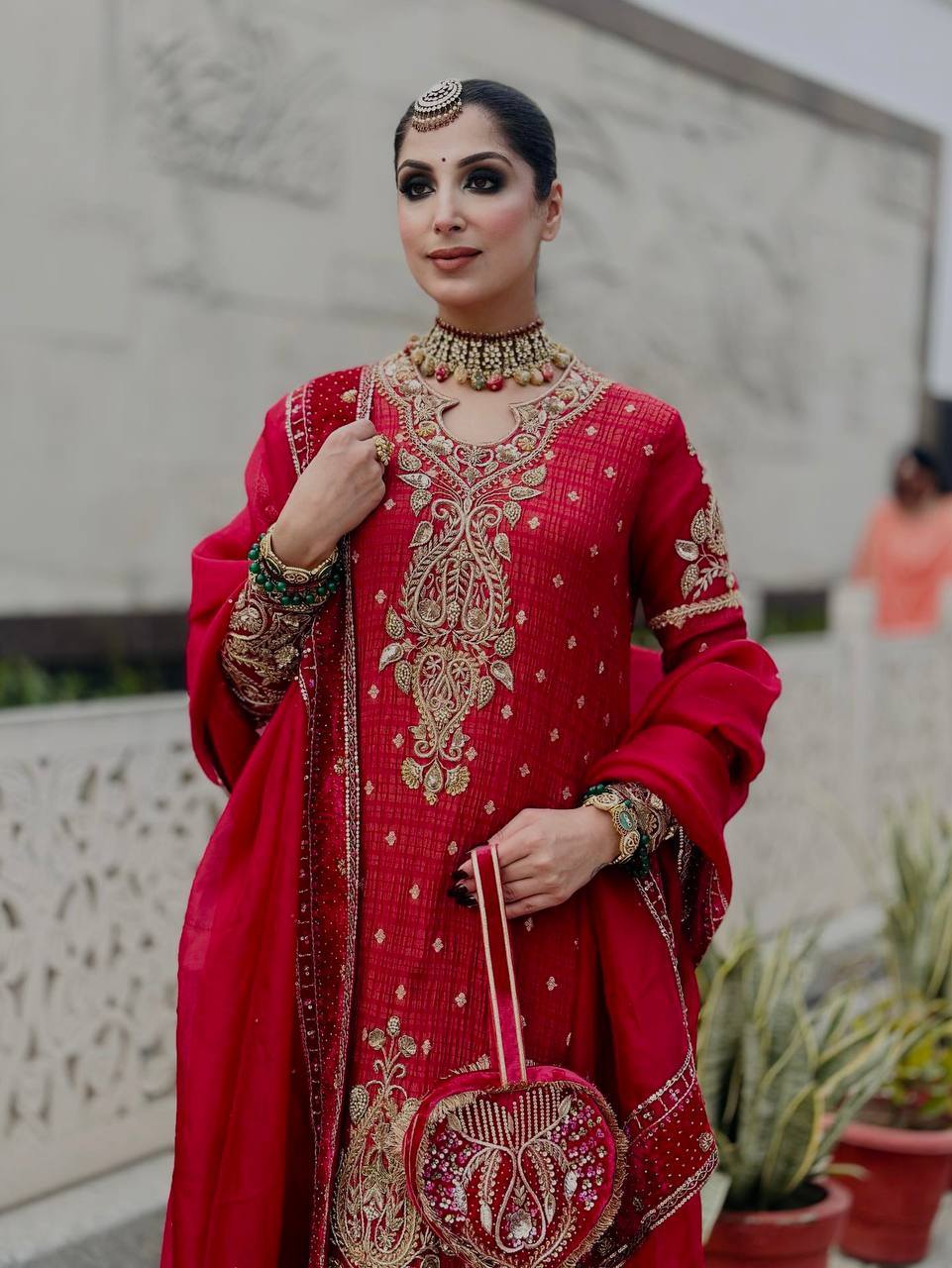 Festive Elegance Deep Red Heavy Work Palazzo Suit