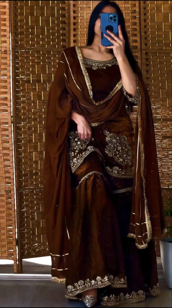 Chocolate Brown Heavy Embroidery Sharara Set