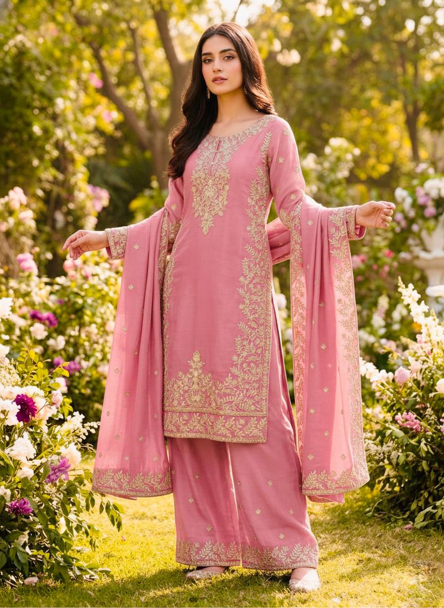 Zari Embroidered Silk Palazzo Suit with Heavy Border Dupatta
